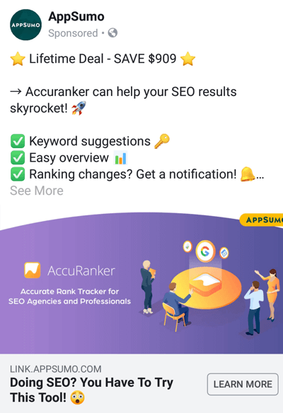 Facebook-Anzeigentechniken, die Ergebnisse liefern, beispielsweise von AppSumo, das einen Deal anbietet
