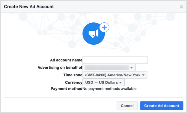 Verwenden Sie Ihren Firmennamen, wenn Sie aufgefordert werden, Ihr neues Facebook-Anzeigenkonto zu benennen.