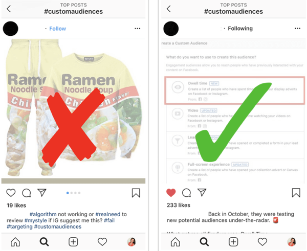 Wie Sie Ihr Instagram-Follow-up strategisch erweitern können, Schritt 12, finden Sie relevante Beispielbeiträge, Beispiele für gute und schlechte Beiträge