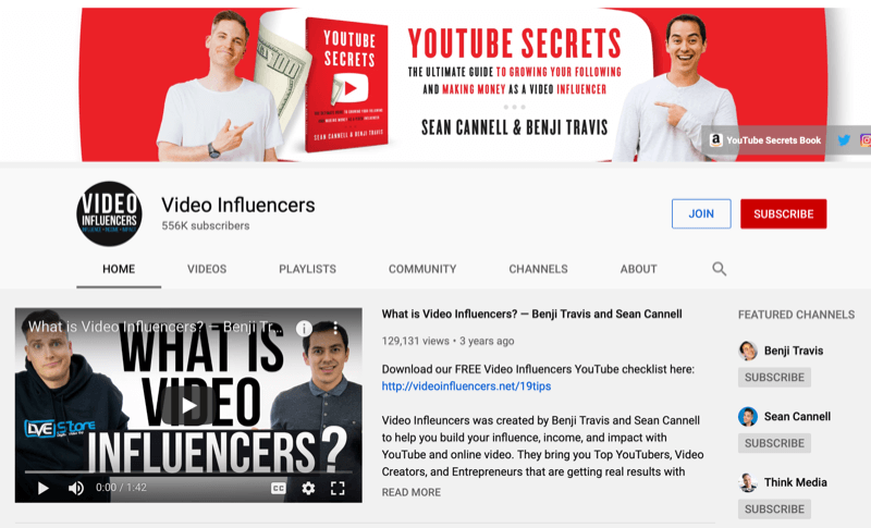 YouTube-Kanalseite für Video-Influencer