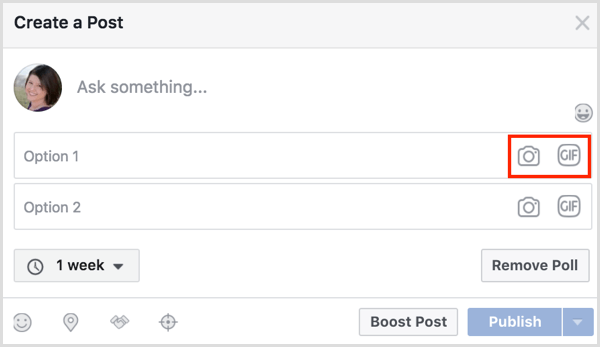 Facebook GIF-Umfrage hinzufügen zwei Optionen