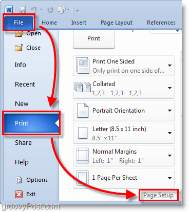 Screenshot von Micosoft Word 2010 Wählen Sie im Hintergrund das Menü Datei> Drucken aus und klicken Sie dann in Word 2010 auf Seiteneinrichtung