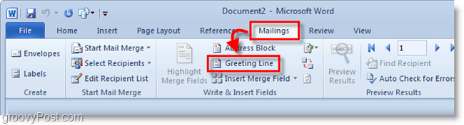 Screenshot von Outlook 2010 – Klicken Sie unter „Mailings“ auf „Grußzeile“.