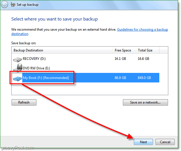 Windows 7-Sicherung - Wählen Sie einen Sicherungsspeicherort aus