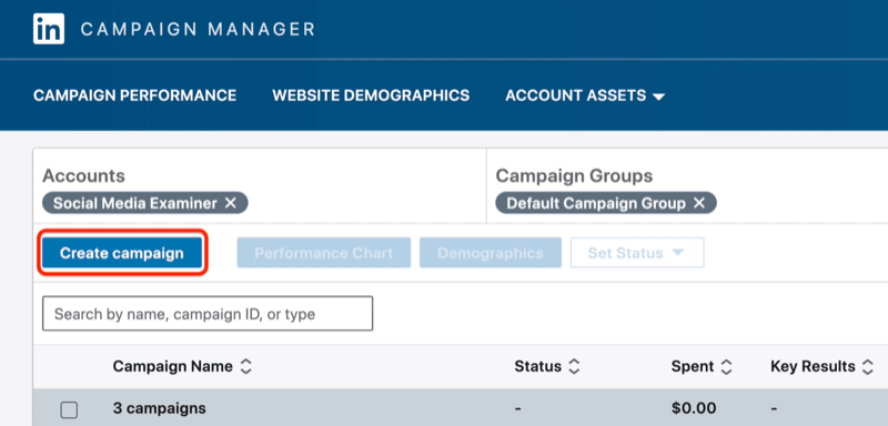 Schaltfläche "Kampagne erstellen" im LinkedIn Campaign Manager