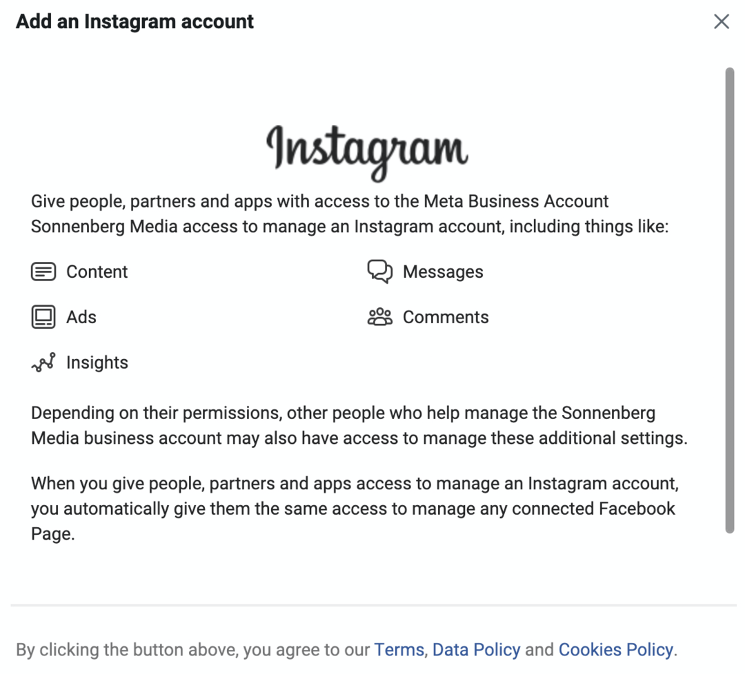 Bild des Bildschirms zum Hinzufügen eines Instagram-Kontos im Meta Business Manager