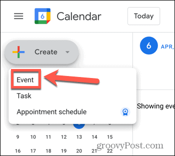 Screenshot der Option „Ereignis erstellen“ in Google Kalender