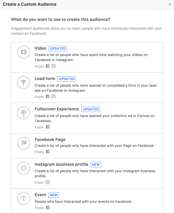 Wenn Sie eine Facebook-Zielgruppe erstellen, können Sie aus verschiedenen Arten von Engagements auswählen.