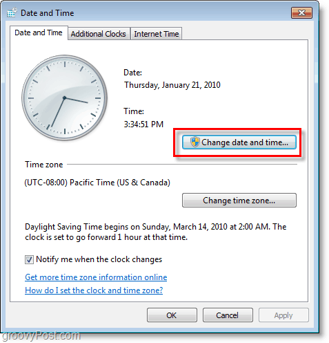 Windows 7-Screenshot - Ändern Sie Datum und Uhrzeit