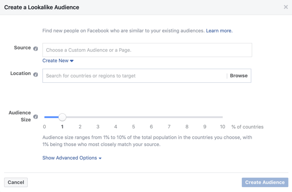 Festlegen, ob für eine Facebook-Lead-Werbekampagne eine ähnliche Zielgruppe verwendet wird.