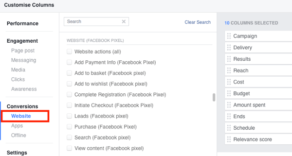Fügen Sie Ihrer Facebook Ads Manager-Berichterstellung Standardereignisaktionen hinzu.