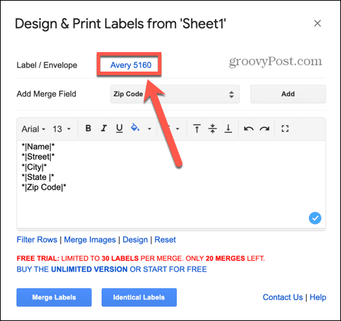 Etikettentyp für Google Sheets