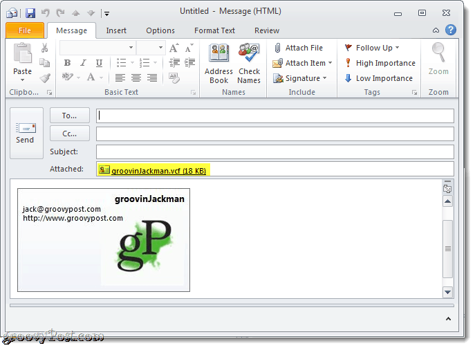 Anhängen einer Visitenkarte in die Outlook 2010-E-Mail-Signatur