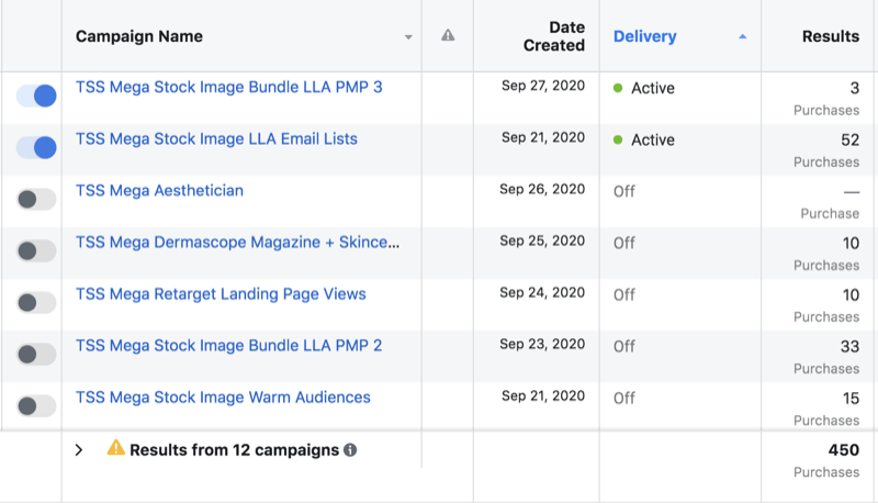 Beispiel für Kampagnen-Sets mit Facebook-Werbedaten, in denen 2 aktive Sets einschließlich einer Version 3 eines bestimmten Anzeigensatzes angezeigt werden, während 5 inaktiv sind, einschließlich einer Version 2 des angegebenen Anzeigensatzes