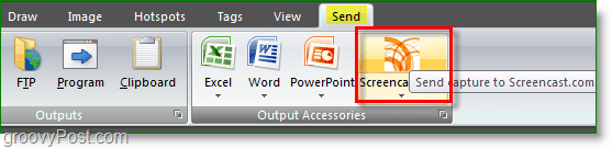 Um automatisch von Snagit hochzuladen, klicken Sie auf Screencast auf der Registerkarte Senden