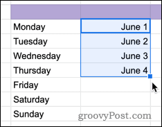 Füllen von Zellen mit Datumsangaben in Google Sheets