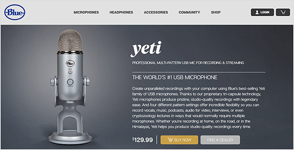 Dusty Porter empfiehlt ein Upgrade auf ein USB-Mikrofon wie das Blue Yeti. Auf der blauen Verkaufsseite für das Yeti-Mikrofon wird ein Bild eines Chrommikrofons auf einem Ständer vor einem dunkelgrauen Hintergrund angezeigt. Der Preis ist als 129,00 $ aufgeführt.