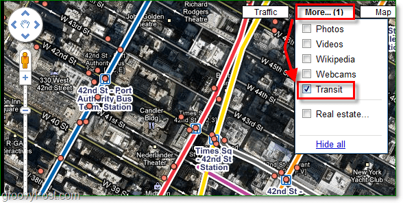 Klicken Sie auf das Menü "Mehr" und aktivieren Sie das Kontrollkästchen "Transit" in Google Maps