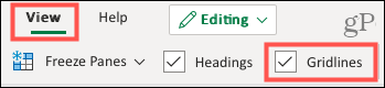 Überprüfen Sie die Gitternetzlinien auf der Registerkarte Ansicht in Excel online