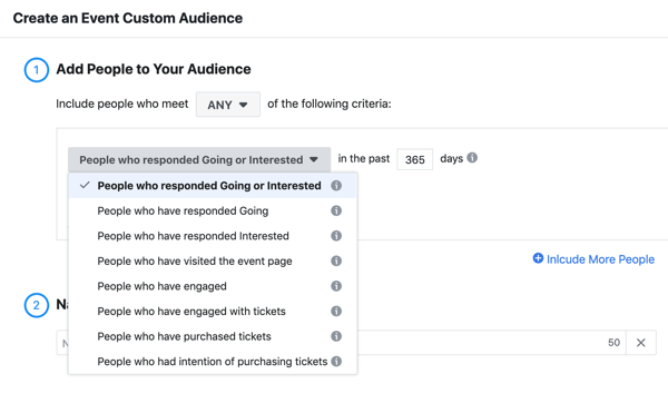 So bewerben Sie Ihr Live-Event auf Facebook, Schritt 11, erstellen Sie ein benutzerdefiniertes Publikum für Personen, die auf Ihr Event reagiert haben oder daran interessiert sind