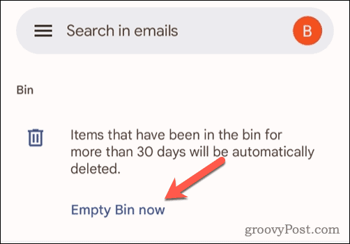 Option zum Leeren des Papierkorbs in Gmail auf Mobilgeräten