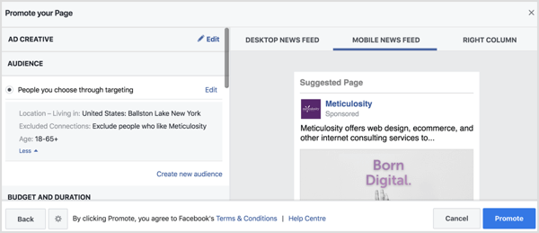 Facebook füllt die Zielgruppeneinstellungen basierend auf Ihrer Standortseite automatisch aus. 