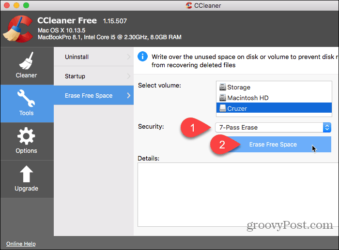 Wählen Sie Sicherheit und klicken Sie in CCleaner auf Freier Speicherplatz löschen