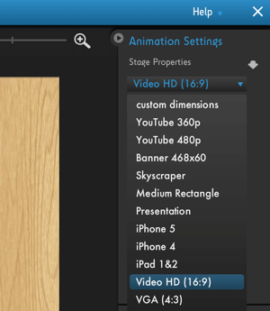 Klicken Sie auf das Menü Moovly Animation Settings, um die Optimierungsoptionen für die Videoplattform anzuzeigen.