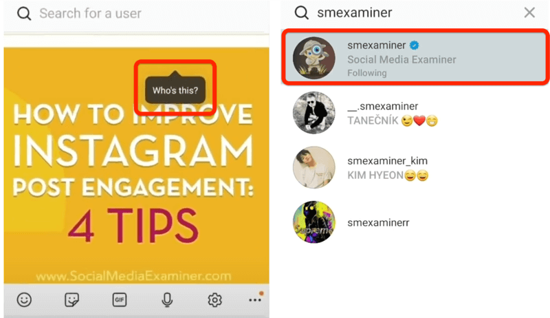 Instagram-Post-Option, mit der jemand nach dem Tippen markiert werden kann