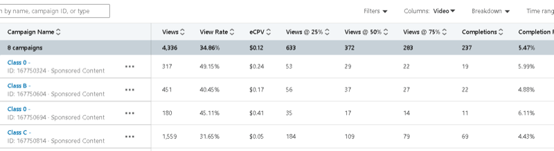 Linkedin-Kampagnenmanager mit Beispielkampagnen-Daten, einschließlich Ansichten, Ansichtsrate, eCPV und Ansichten bei 25%, 50%, 75%, Abschlüssen usw.