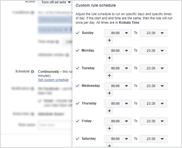 Legen Sie einen benutzerdefinierten Regelplan für die automatisierte Facebook-Regel fest