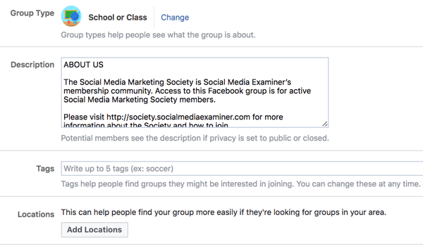 Geben Sie zusätzliche Details zu Ihrer Facebook-Gruppe an, damit die Benutzer sie leichter entdecken können.