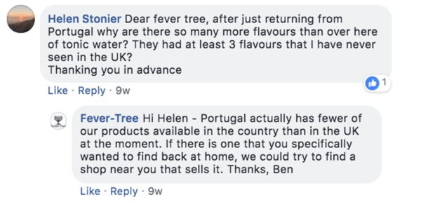 Beispiel für die Beantwortung einer Kundenfrage in einem Facebook-Beitrag durch Fever-Tree.