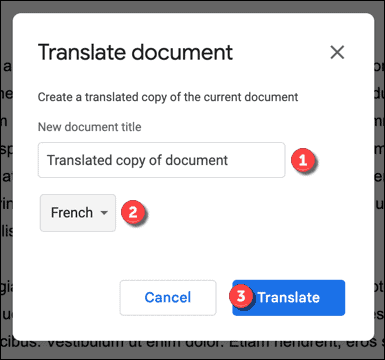 Übersetzungsoptionen in Google Docs
