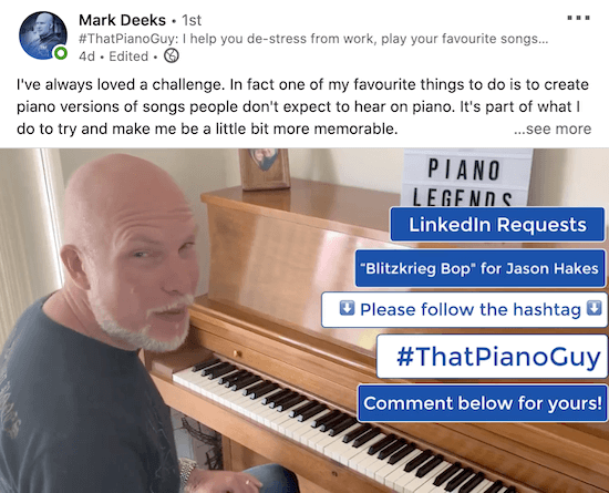 Beispiel eines Linkedin-Videos von Mark Deeks mit Call-to-Action-Text-Overlays wie "Linkedin-Anfrage", "Bitte folgen Sie dem Hashtag" und "Kommentar unten für Ihre!" unter anderen