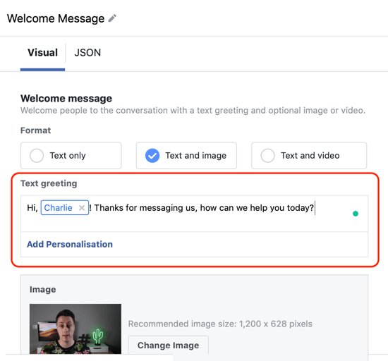 So zielen Sie mit Facebook Messenger-Anzeigen auf warme Leads ab, Schritt 12, Beispiel für die Personalisierung benutzerdefinierter Vorlagen für Messenger-Ziele