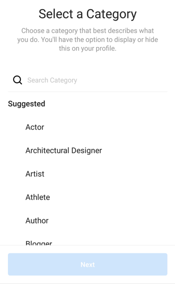 Auswahl des Instagram Creator-Profils Kategorie, Schritt 1.