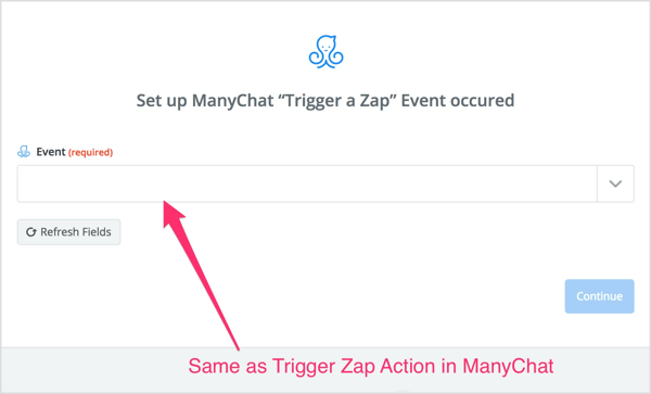 Wählen Sie die Aktion Trigger Zap aus, die Sie im ManyChat-Flow erstellt haben.