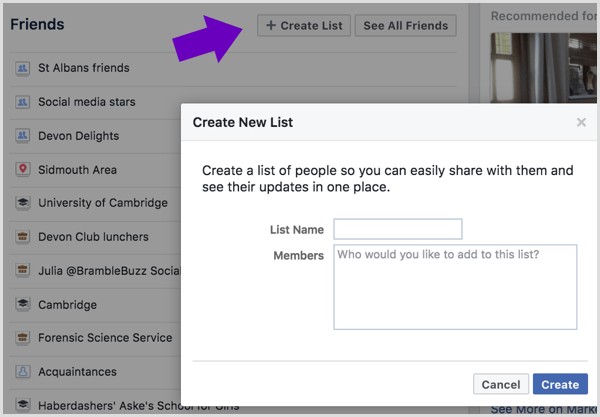 Geben Sie einen Namen für Ihre Facebook-Freundesliste ein und wählen Sie aus, welche Freunde Sie hinzufügen möchten.