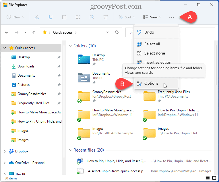 Wählen Sie Optionen im Datei-Explorer