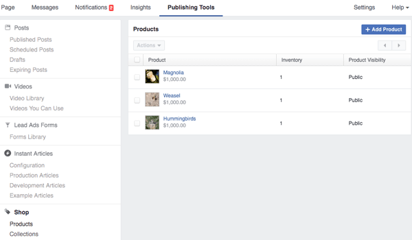 Shop-Bereich für Facebook-Publishing-Tools