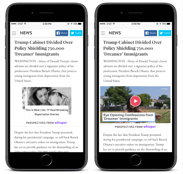 Mit dem neuen Perspectives-Widget von Whisper kann jeder Publisher einen Artikel ergänzen, um seinen Lesern kontextbezogene Perspektiven von Millionen von Whisper-Benutzern zu bieten.