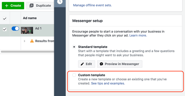 So zielen Sie mit Facebook Messenger-Anzeigen auf warme Leads ab, Schritt 10, Option für benutzerdefinierte Vorlagen für Messenger-Ziele