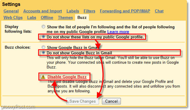 Klicken Sie in den Google Mail-Einstellungen auf die Registerkarte "Google Buzz"