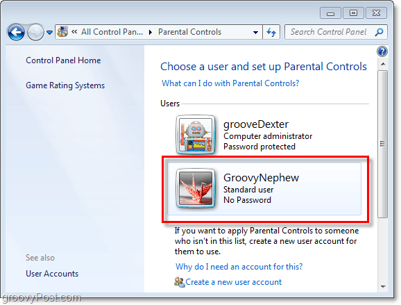 Wählen Sie einen Benutzer aus, für den die Eigenschaften der Kindersicherung in Windows 7 angepasst werden sollen
