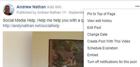 Um den Einbettungscode für einen Facebook Live-Videopost zu erhalten, klicken Sie auf das Dreipunktmenü und wählen Sie Einbetten.