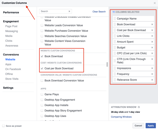 Wählen Sie die Spalten aus, die Sie Ihrer Facebook-Anzeigenergebnistabelle hinzufügen möchten.
