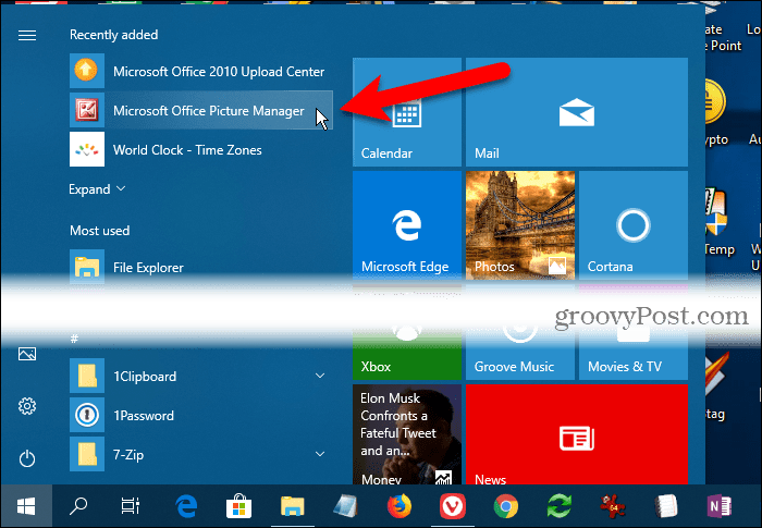 Der Microsoft Office Picture Manager unter Zuletzt hinzugefügt im Windows 10-Startmenü
