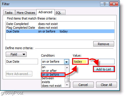 Screenshot: Outlook 2007-Aufgabenleisten-Setup-Filter heute