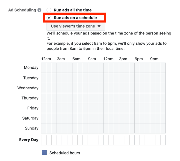 Tipps zur Senkung Ihrer Facebook-Anzeigenkosten, Option zum Festlegen der Anzeigenplanung für Ihre Kampagne